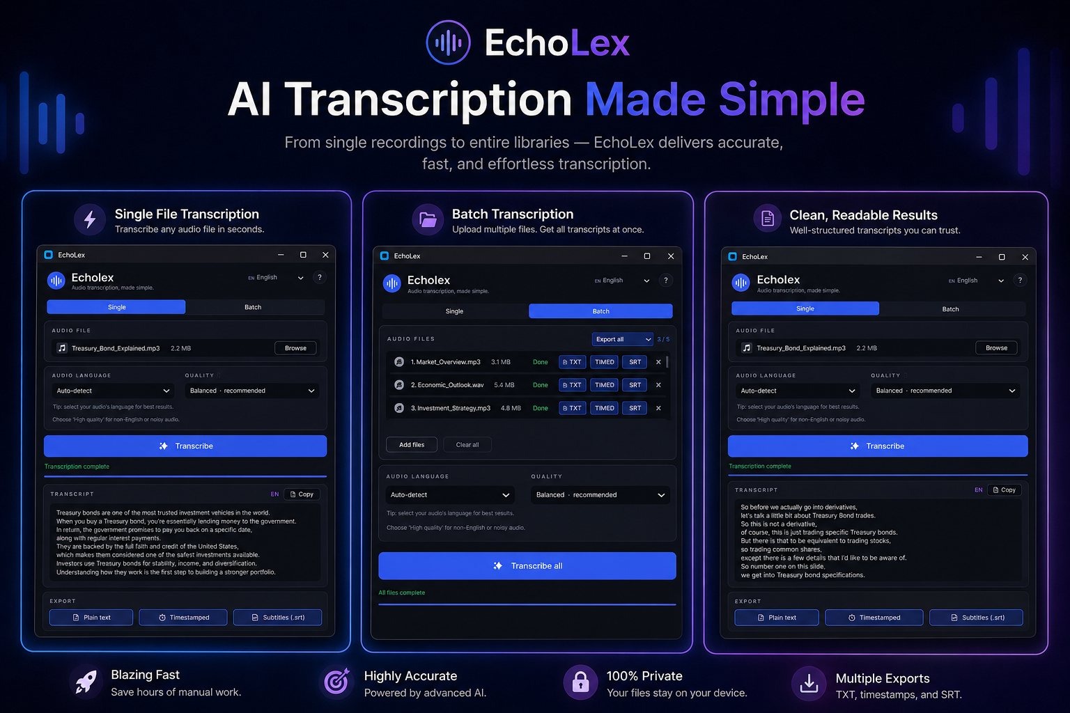 Echolex AI transcription app for Windows showing single-file transcription, batch processing of multiple audio files, and clean readable transcript output with export buttons